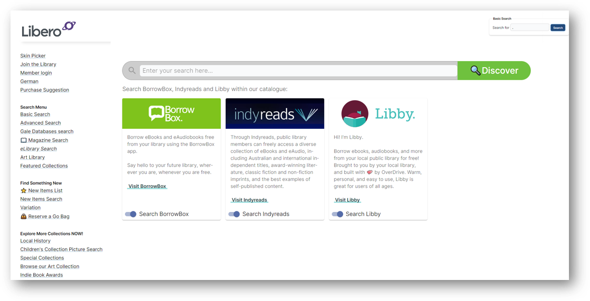 Libero Software - Integrations with other digital library services. Members can connect through Libero rather than having to go the service direct.