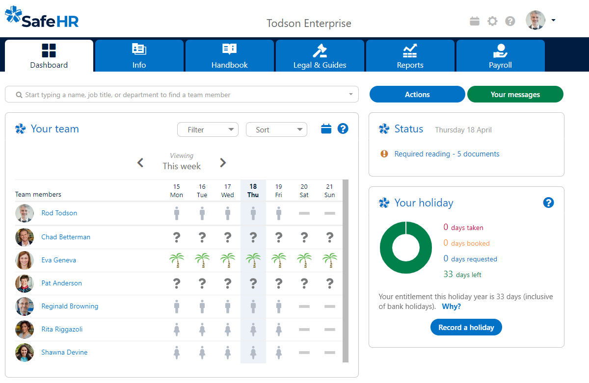SafeHR screenshot: Your user Dashboard.
