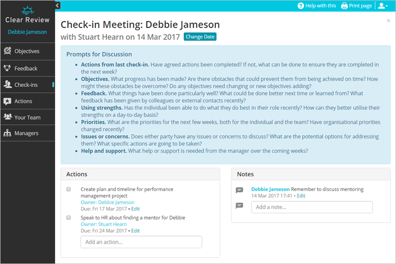 Clear Review check-in meeting screenshot