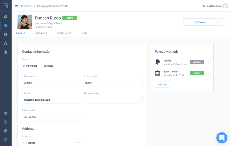 Create recipient profiles including payment and compliance information