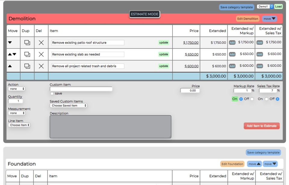 EZcontractPro screenshot: EZContractPro estimate mode screenshot