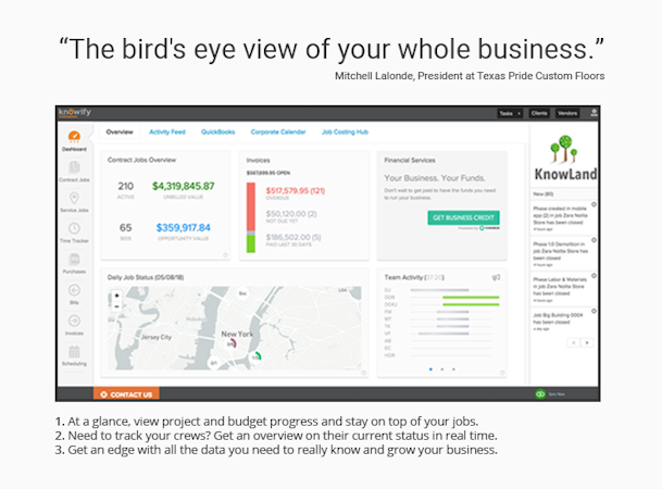 Knowify screenshot: "The bird's eye view of your whole business" (President at Texas Pride Custom Floors)
