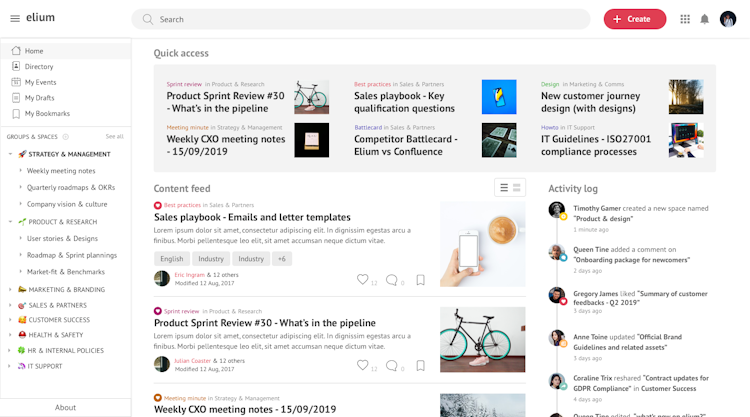 Elium screenshot: Knowledge-centric home page, where users can easily discover relevant content in seconds 
