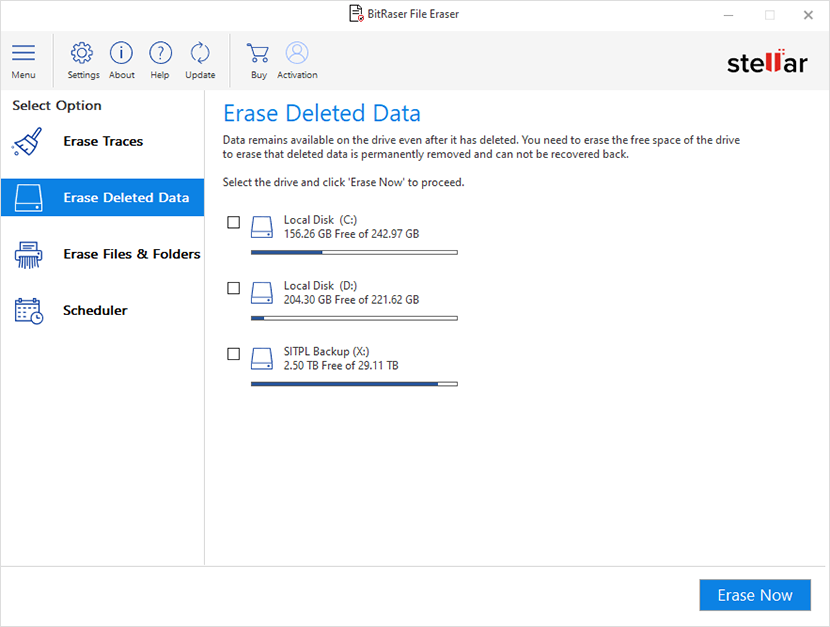 Click Erase deleted Data & select the storage drive(s). Click 'Erase Now'.