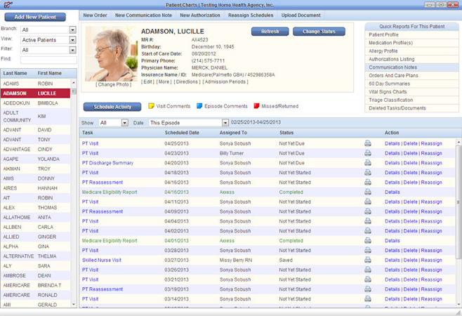 Axxess Home Health screenshot: Clinicians using AgencyCore can easily access patient charts that include a photo, basic information, notes and schedules.