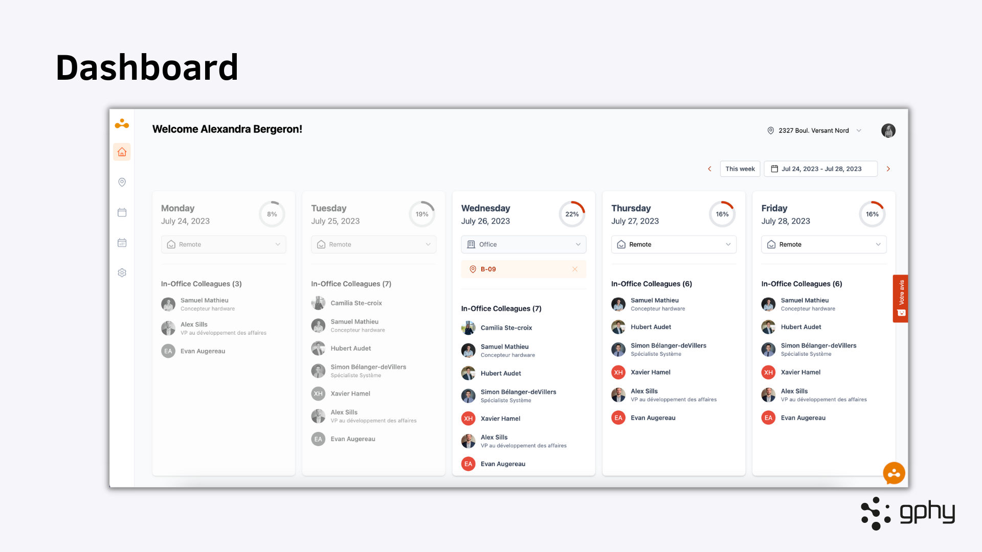 The elia dashboard allows employees to easily determine the best moment for them to go into the office based on their schedule and their colleagues’. This makes in-office days more impactful and fosters a stronger company culture.