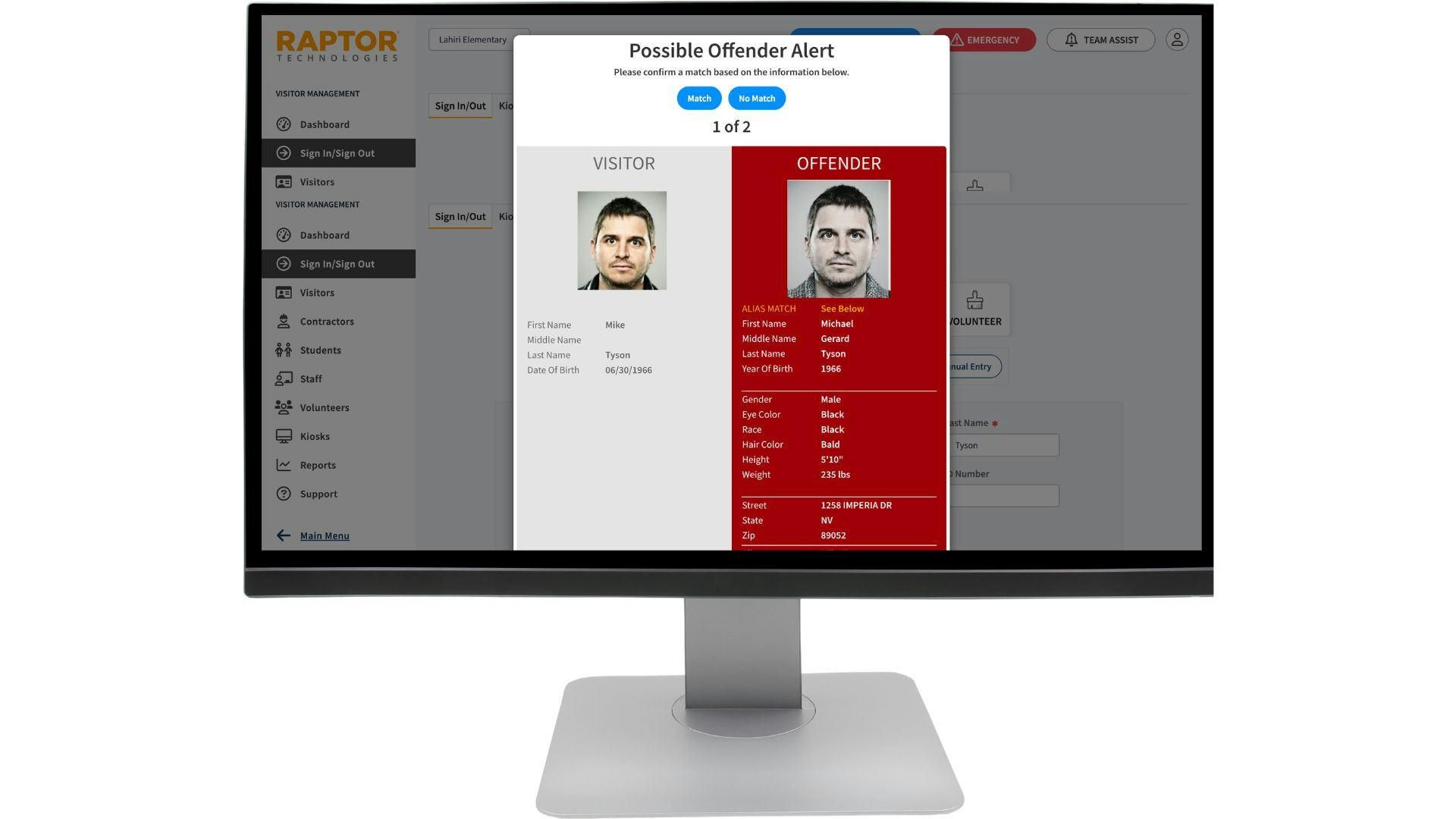 Raptor Visitor Management Software - If a potential match is found during the screening, the system displays the visitor’s information and that of the potential match side-by-side. If it's a confirmed match, instant real-time alerts are sent via text and/or email.