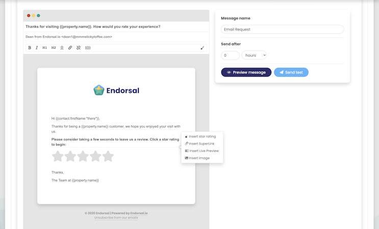 Endorsal screenshot: Endorsal automated messages