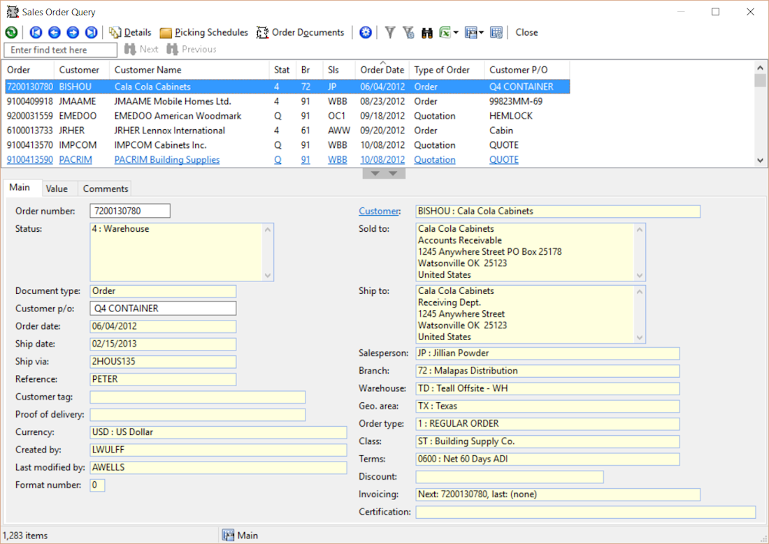 Aquilon ERP Software - A sales order query menu enables users to track sales