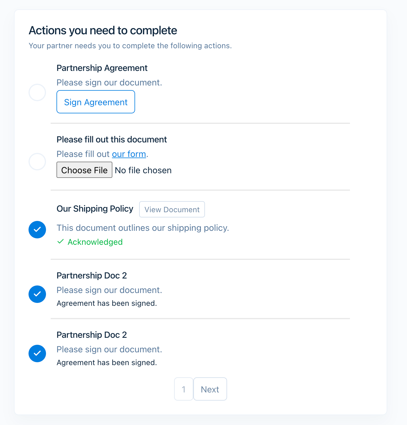 Use Convictional's Actions feature to share required documents for signing and acknowledgement from your supplier partners. Stop sending emails back and forth, store & sign all required documents in one place with HelloSign integration.