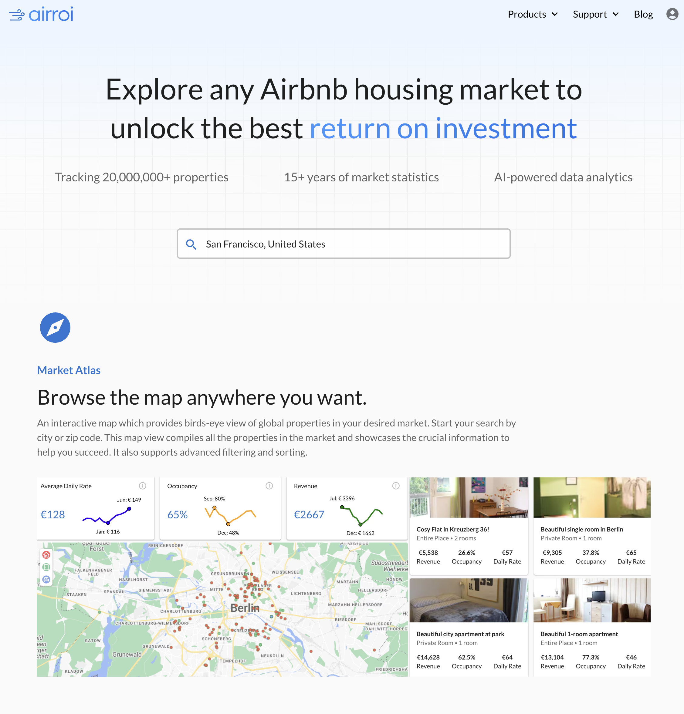 AirROI screenshot: Market Atlas: Visualize global Airbnb market data and investment opportunities.
