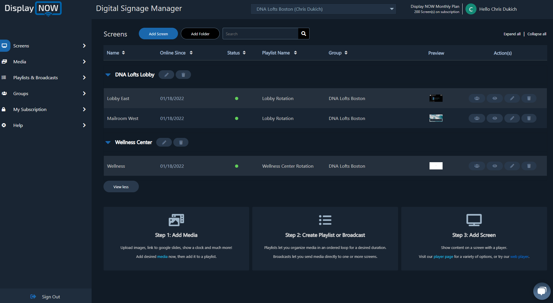 Display NOW screenshot: Organize your screens with Folders. Easily find them with Search.