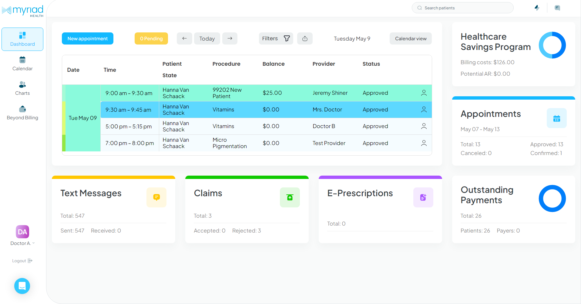 Myriad Health's streamlined dashboard offers an overview of the daily agenda and software usage.