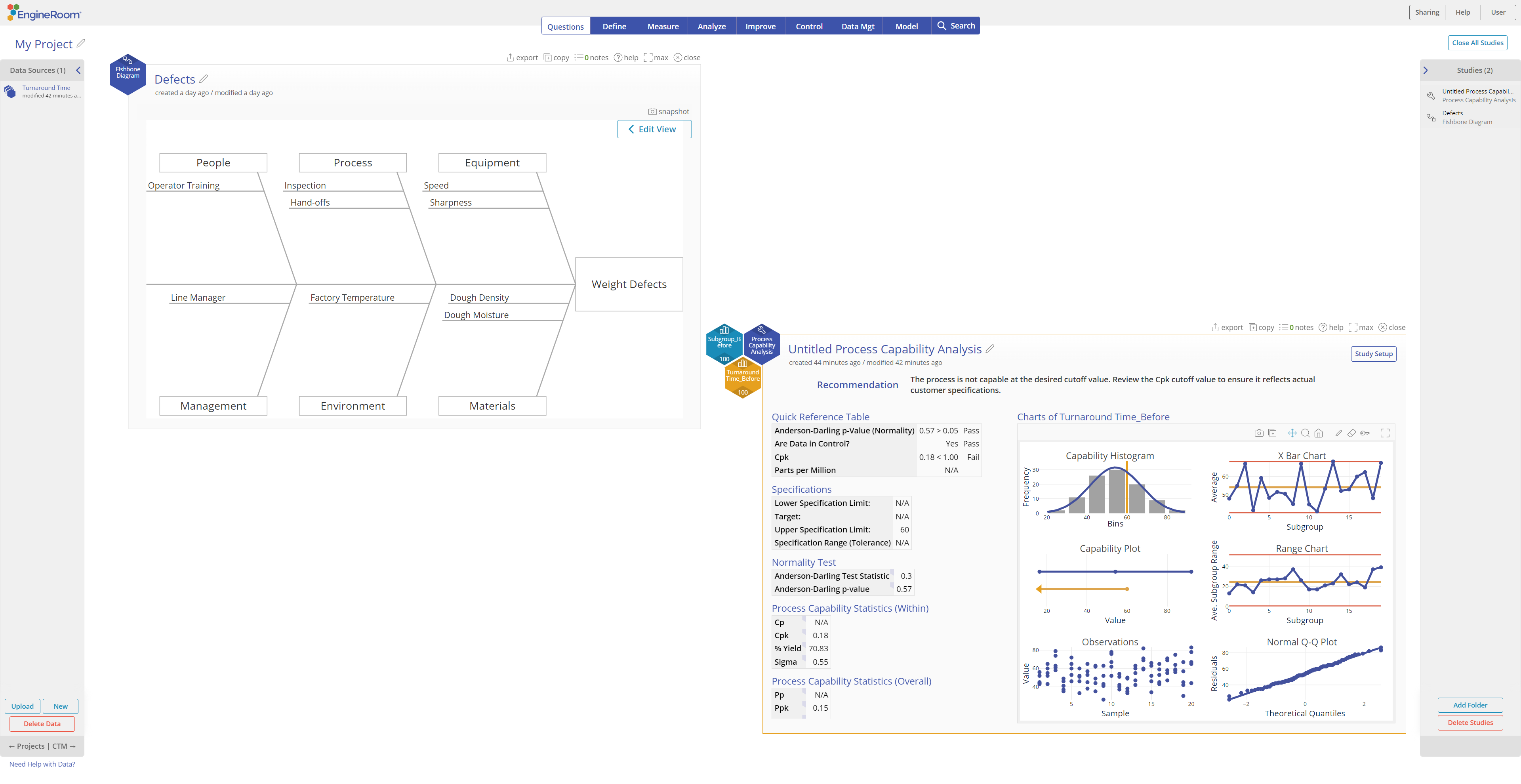 EngineRoom screenshot: EngineRoom Process Capability Analysis and Fishbone Diagram