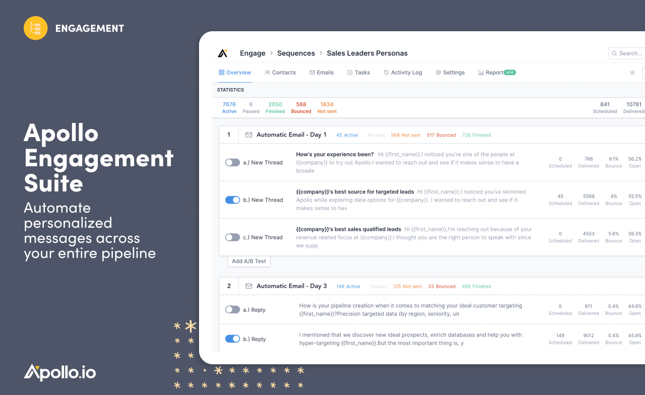 Apollo Engagement Suite - Automate personalized messages across your entire pipeline.