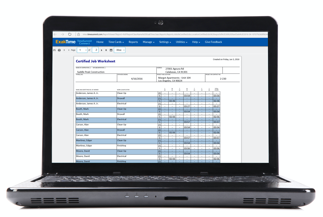 ExakTime Software - Payroll reporting includes a certified job worksheet that shows time and attendance for worksites