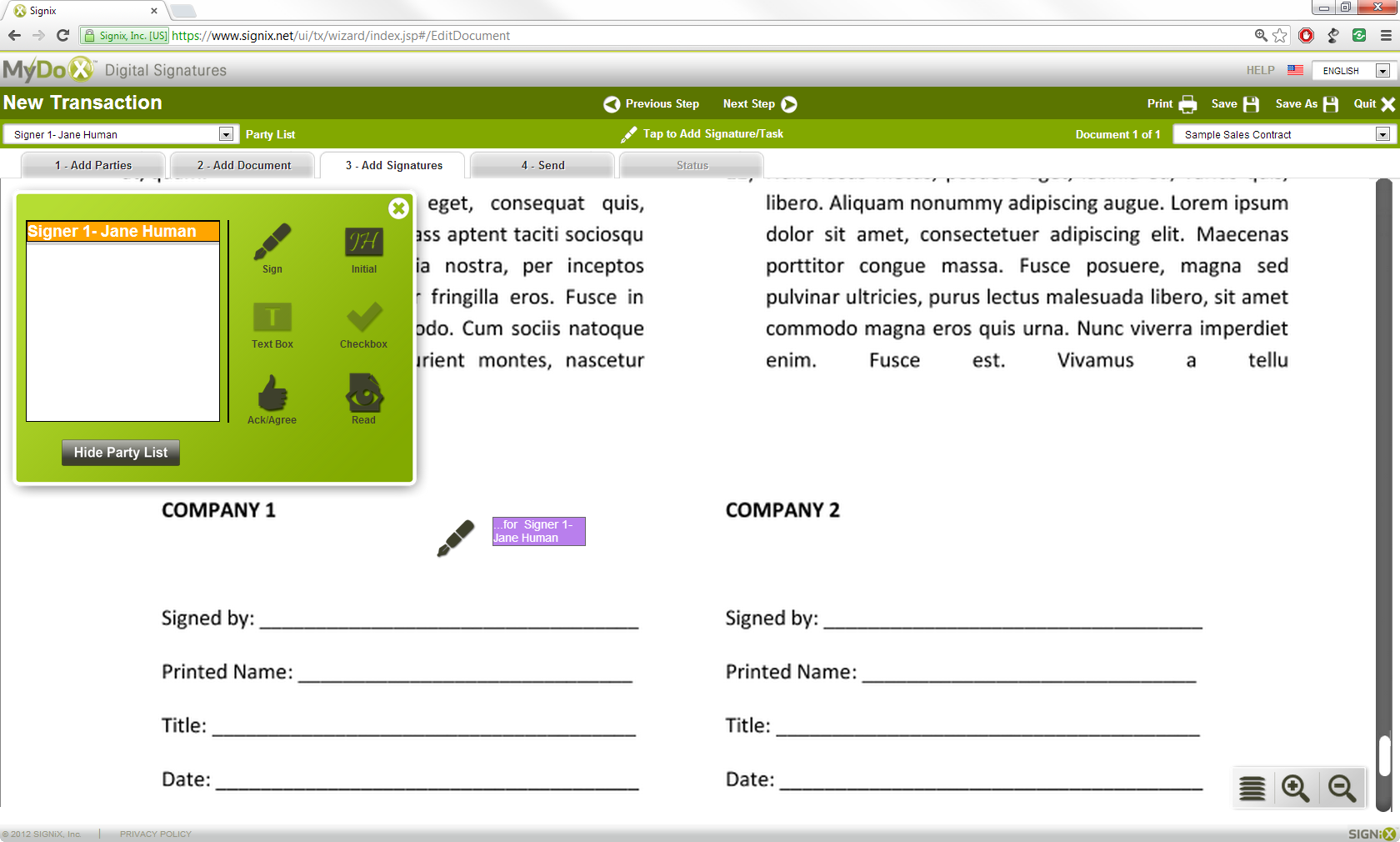 SIGNiX screenshot: SIGNiX new transaction
