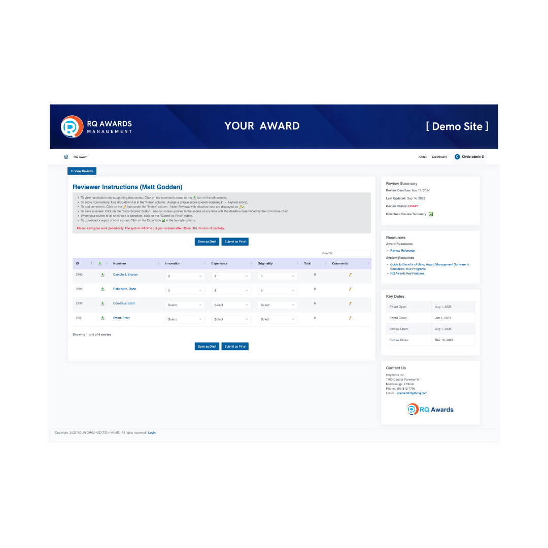 RQ Platform Software - Assign, track, and communicate with reviewers seamlessly, facilitating a fair and efficient evaluation process for your applications. Choose to enable blinded reviews or conflict-of-interest notification.