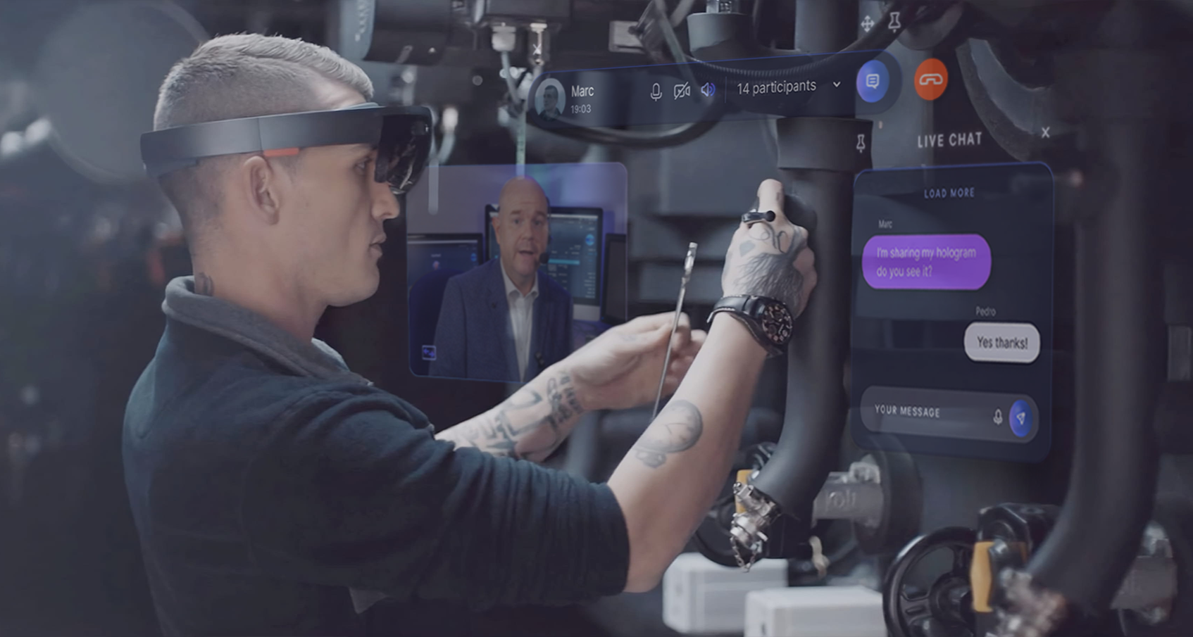 sphere screenshot: Empower on-site employees with real-time support and guidance, creating a more efficient Q&A process. Workers can consult hands-free with a bi-directional audio-visual stream, live translations, and real time annotation tools.