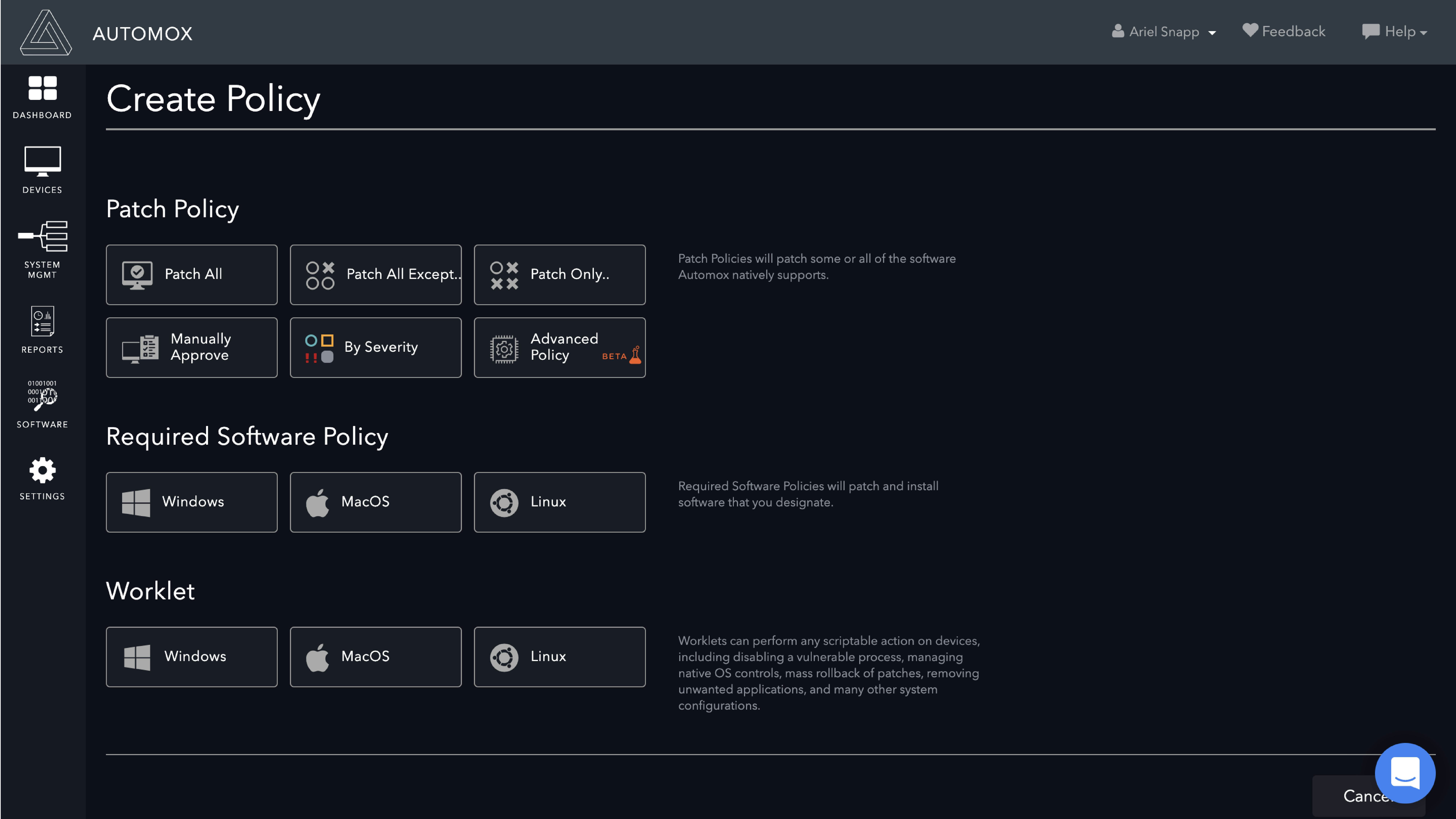 Automox Software - Policy and worklet creation page