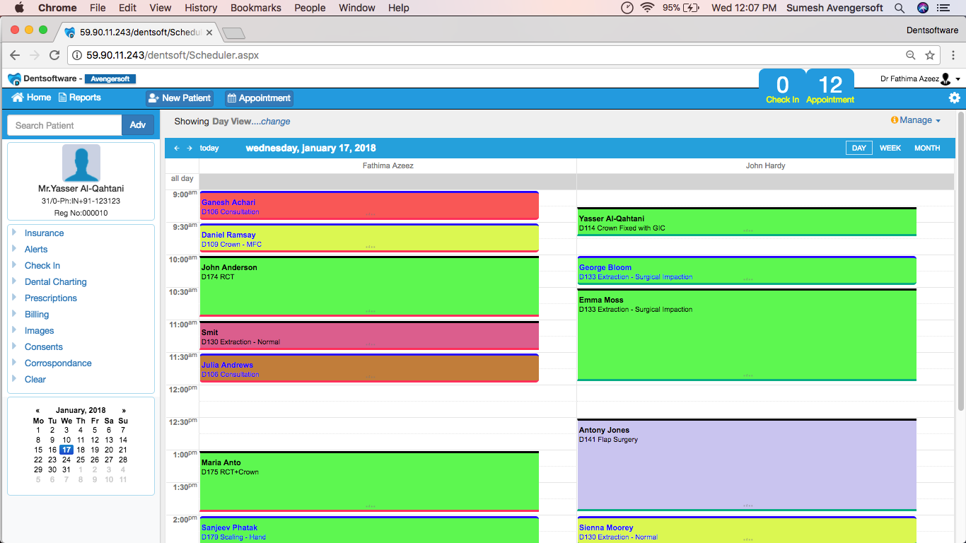 Dentsoftware screenshot: Tracking and managing of dental appointments with easy drag and drop for rescheduling and duration adjustment