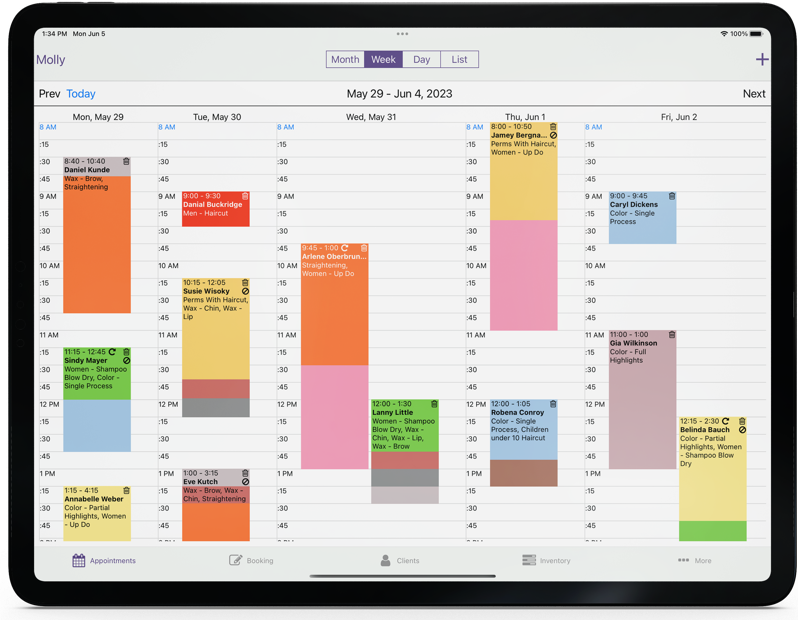 View appointments by month, week, day or list. Color-code appointments to view them at a glance.