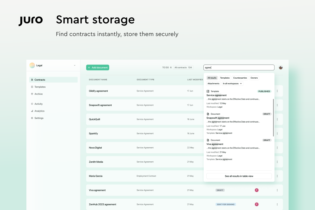 Find contracts instantly, store them securely.