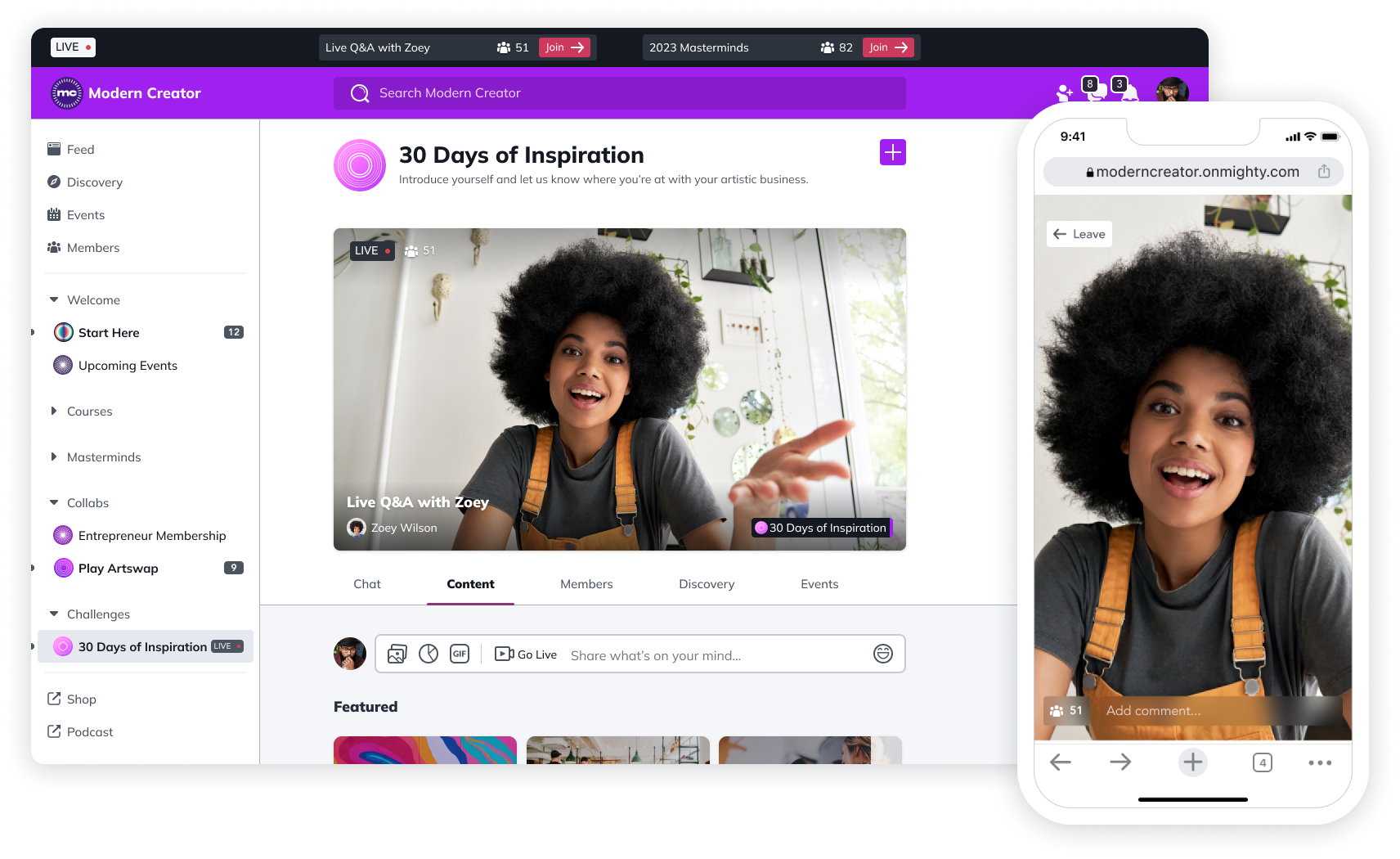 Go live—no integrations required. Livestreaming brings a whole new level of engagement to your community. Every Space you create has the option to livestream. You can livestream your courses, community events, conference keynotes, and paid workshops.