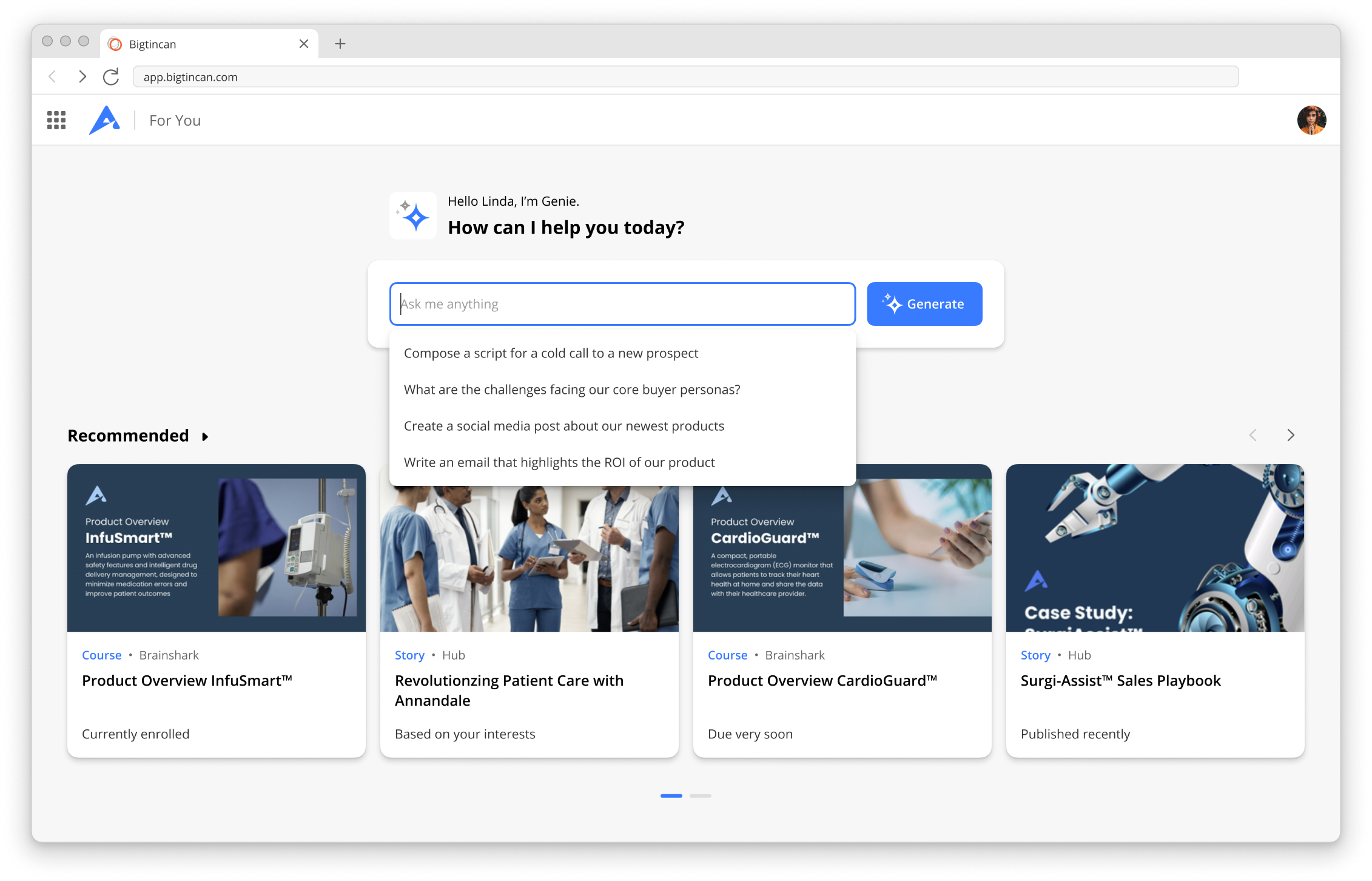 Bigtincan screenshot: GenieAI is built into every layer of Bigtincan to answer questions, assist with sales coaching and content creation, simplify search, and make teams more efficient across the board.