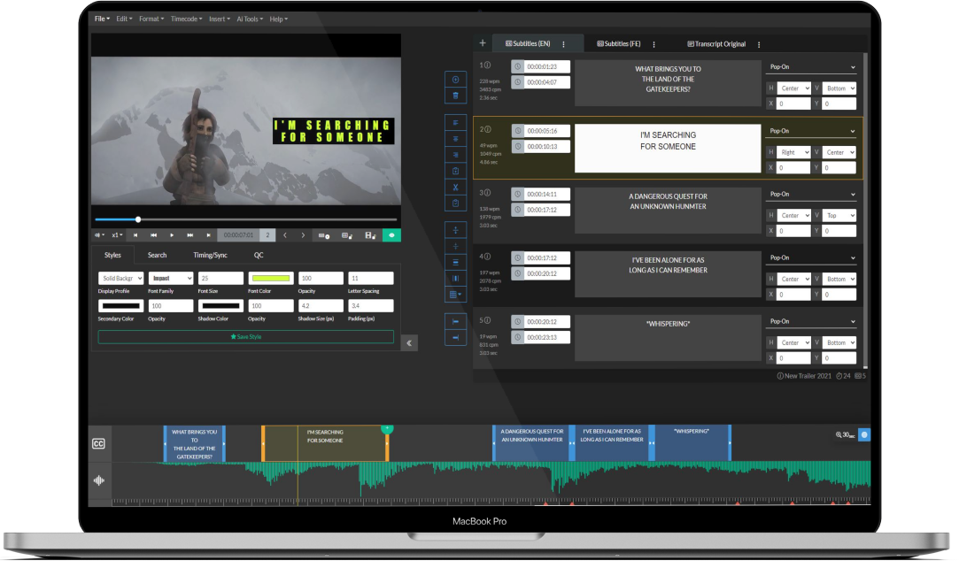 Closed Caption Creator screenshot: Closed Caption Creator - Create closed captioning, and subtitles for video. Image shows the Closed Caption Creator UI.