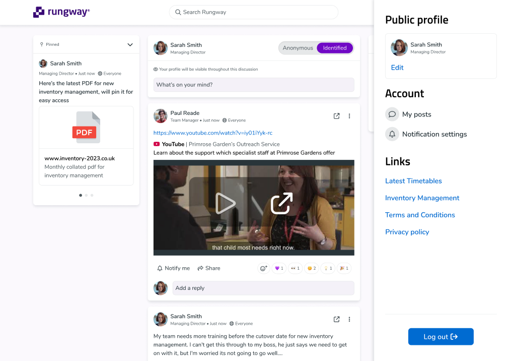 Rungway screenshot: The Rungway feed: Your employees can access Rungway's platform and post unprompted ideas, questions and concerns with the option of anonymity. Connect with employees at scale and understand emerging issues as they arise.