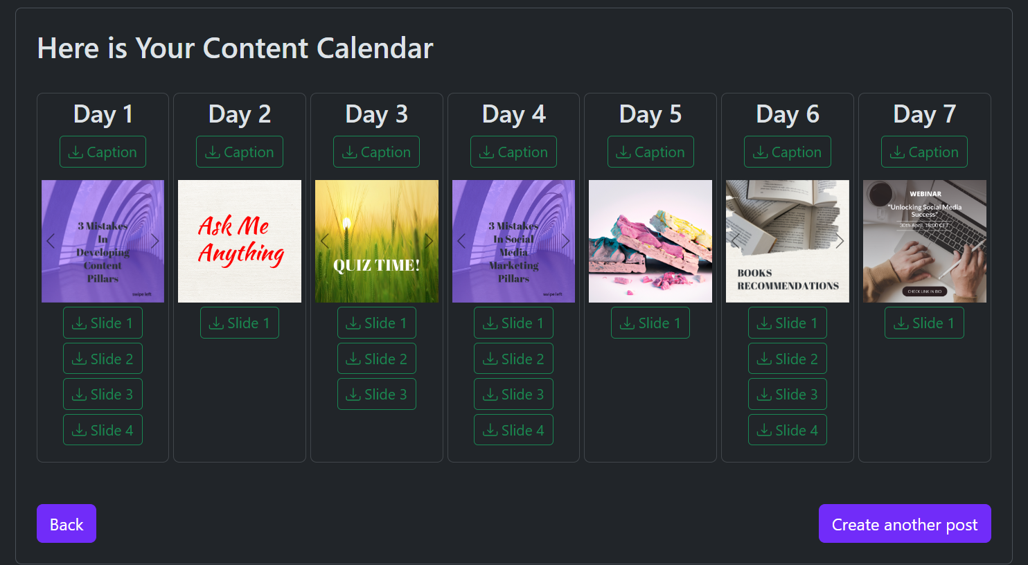 Instagram Content Plan Overview: Mysmmai allows you to select relevant subtopics within each content pillar. The final post topic will be visible in the ready-to-use post. For example, within the 'Useful Content Pillar,' you can find 'How-To' Instagram Ca