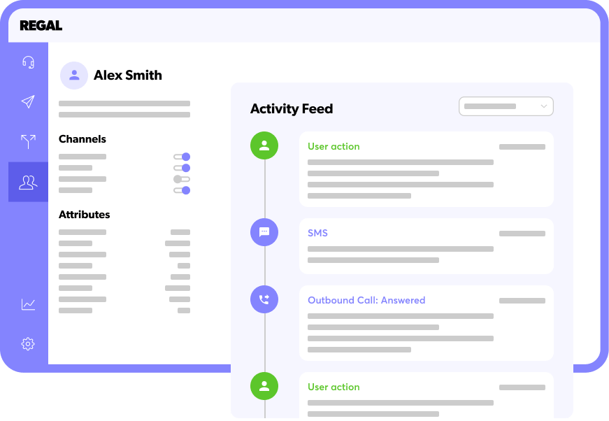 Rich Customer Profile. One view of the customer. Including CRM data, time-series product data, and contact center data. Get a single record for every subscriber, so you can create truly personalized messaging, and agents have the right context.