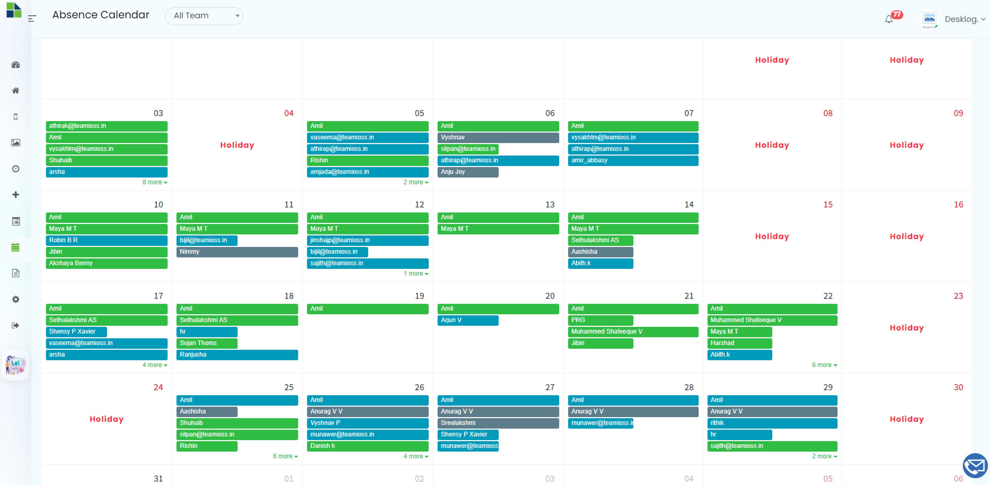 Desklog Software - Abscence Calendar