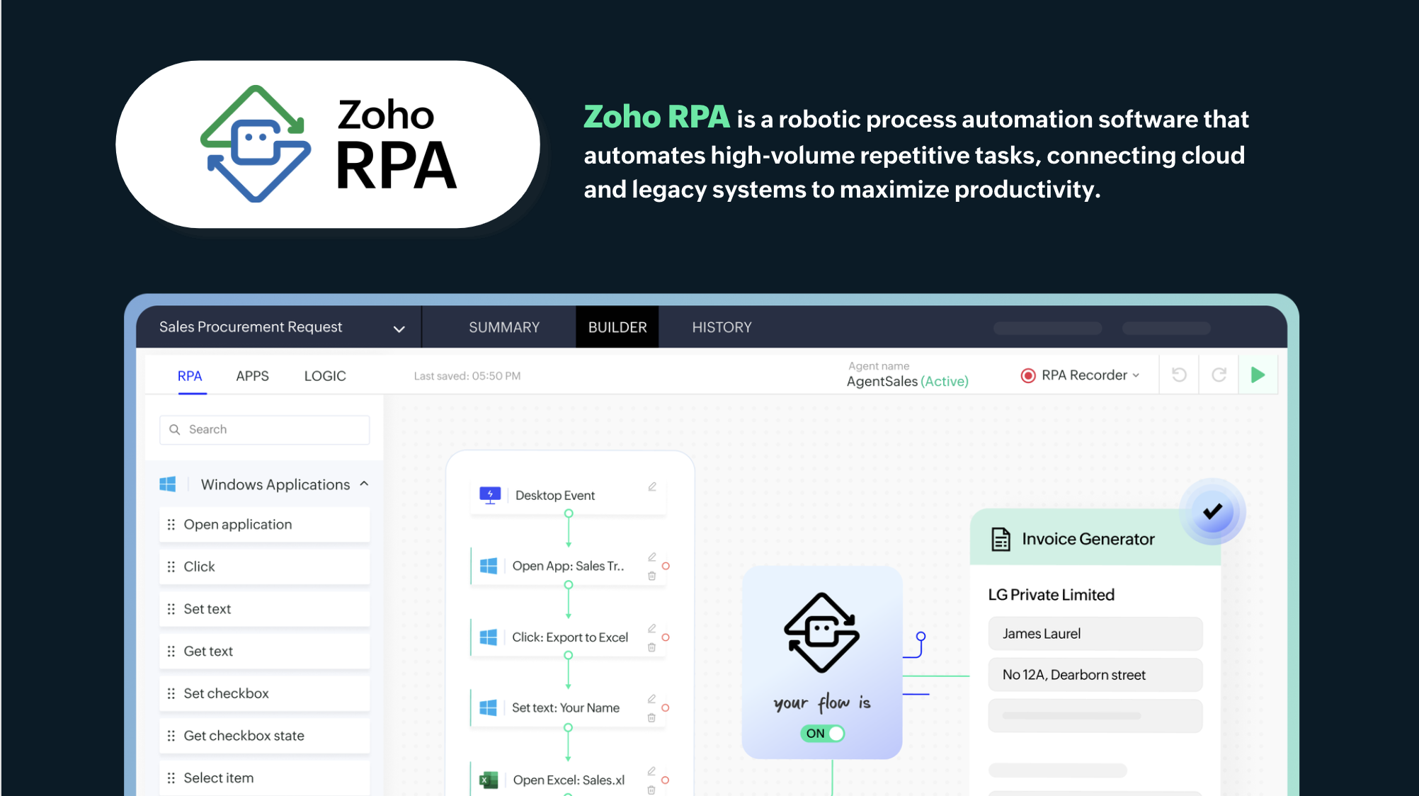 Zoho RPA screenshot: Zoho RPA workflow builder