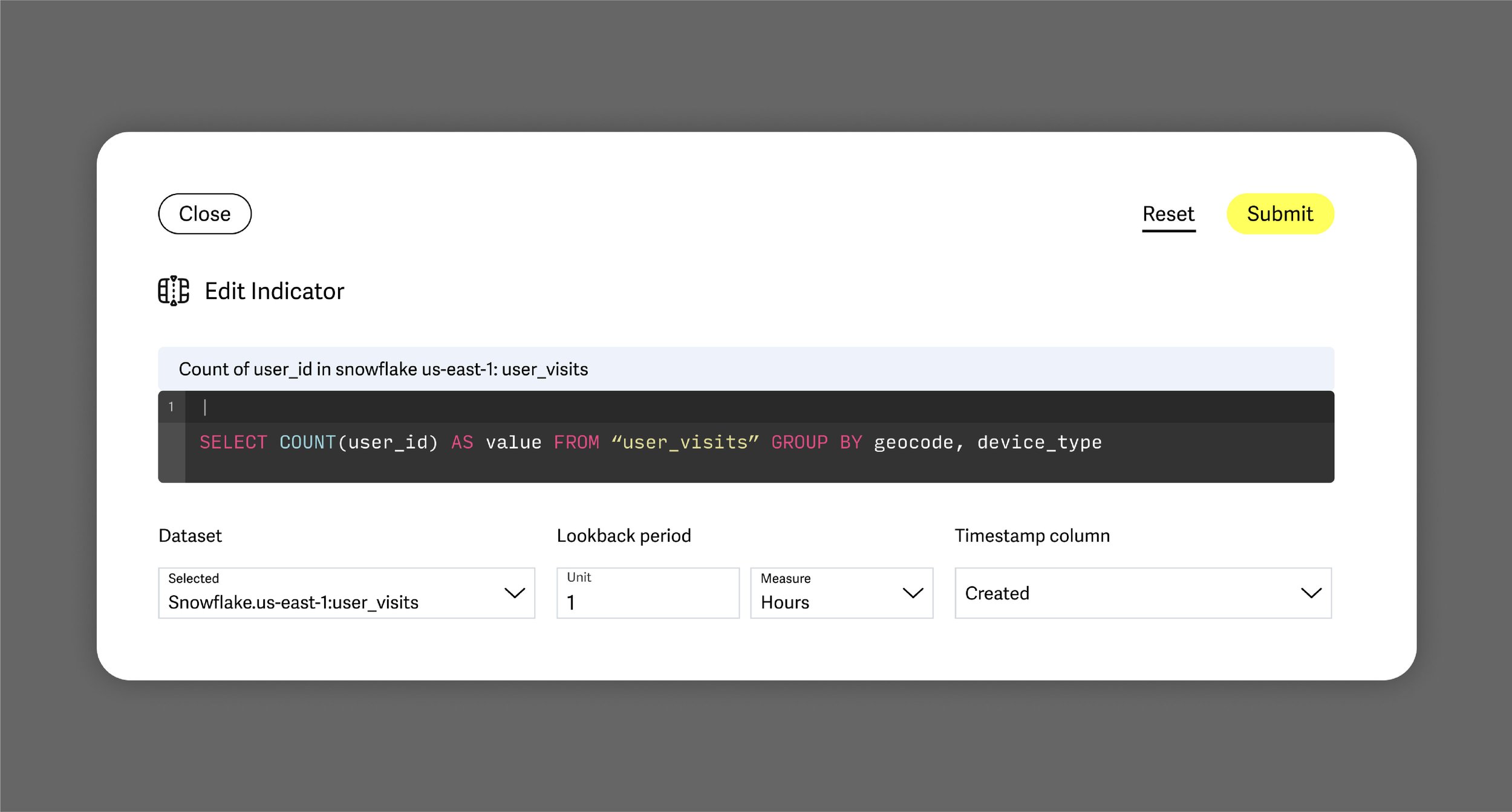 Lariat screenshot: Use out-of-the-box or custom indicators for data health, with full control over evaluation schedules