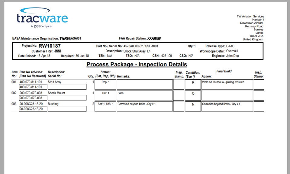 Aerotrac Software - Report: Inspection Detail