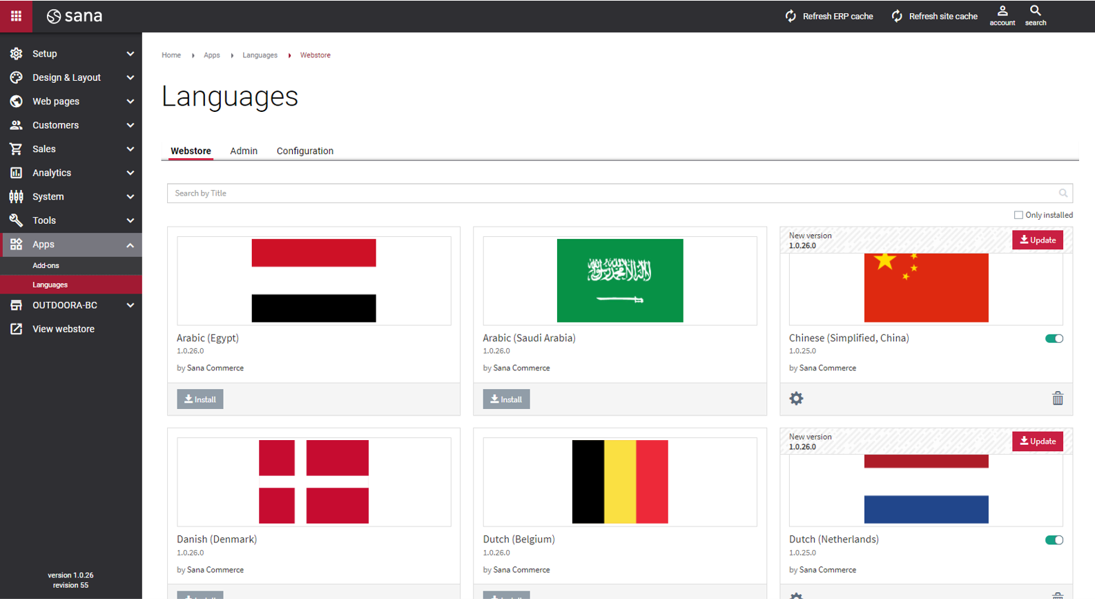 Sana Commerce Software - Translate your store into multiple languages with our out-of-the-box language packs. You can also select specific pages to translate based on product availability in certain countries or regions.