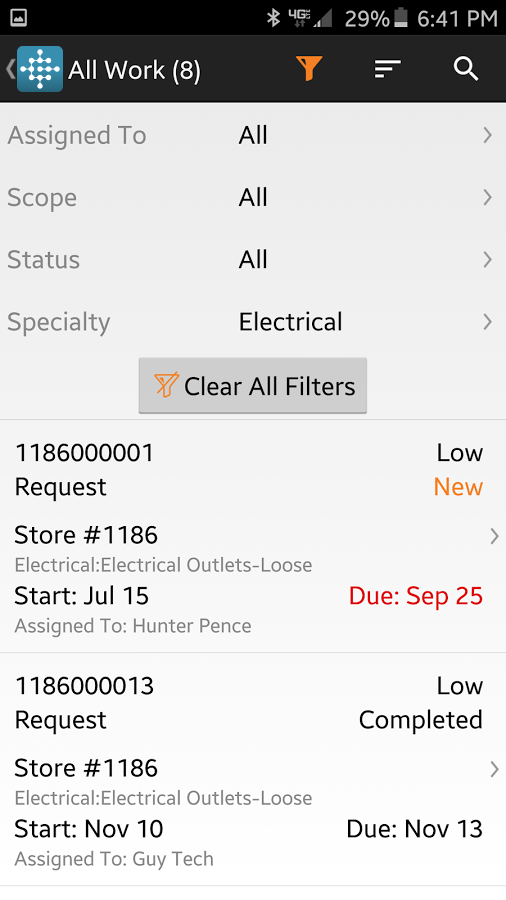Corrigo Enterprise Software - View and filter work order requests in the Corrigo Enterprise App and track due dates