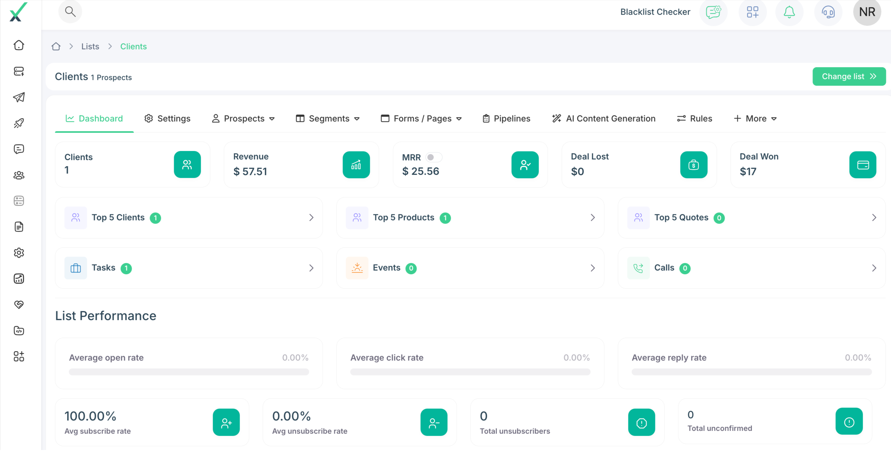 Sendcrux Software - Client detail view