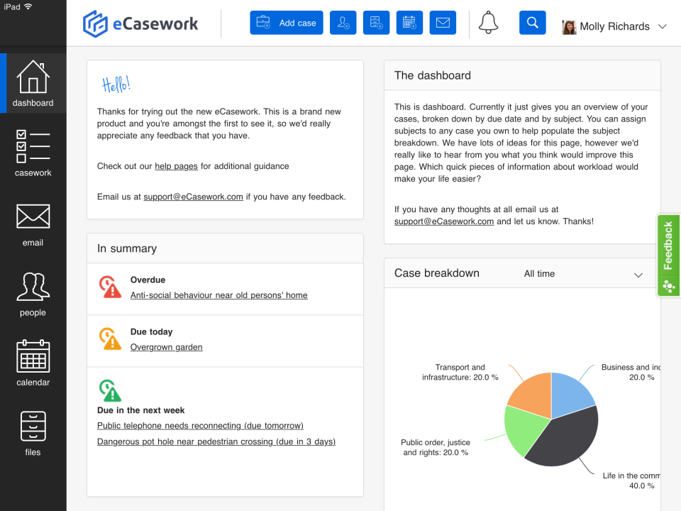 eCasework Software - The dashboard summarizes open and overdue cases