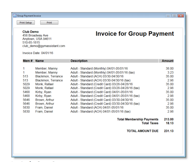 Gym Assistant invoice