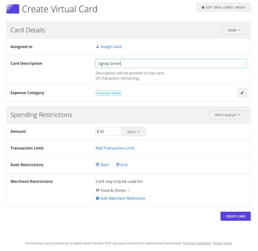 Emburse Cards virtual card creation