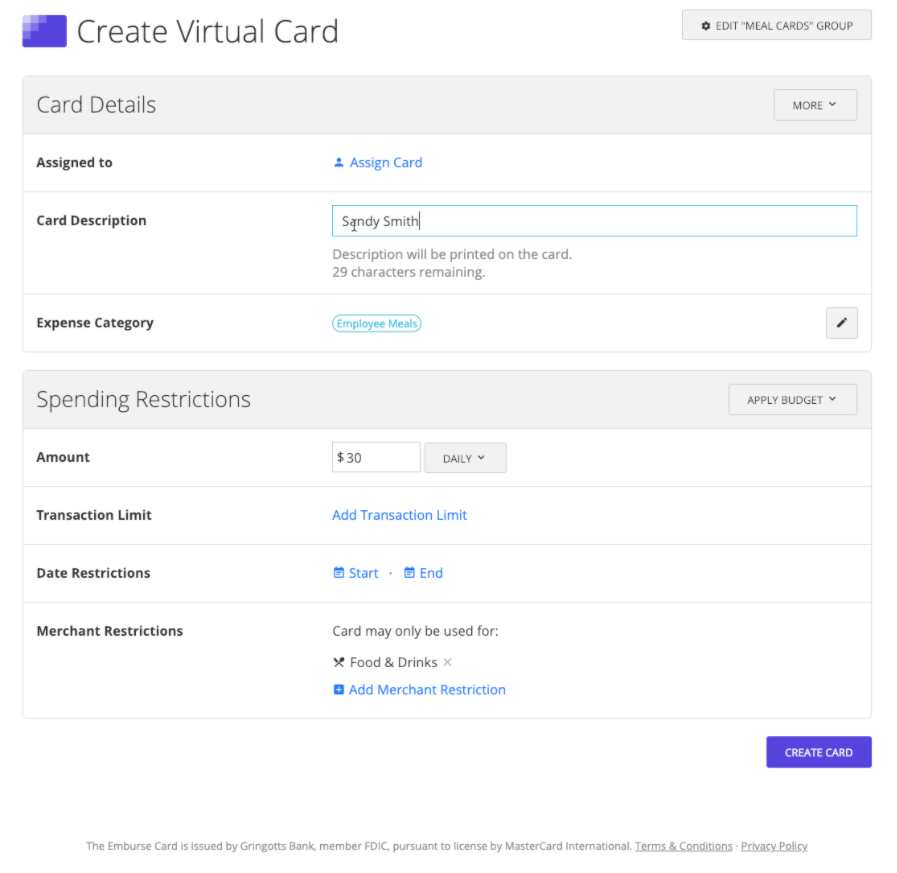 Emburse Cards Software - Emburse Cards virtual card creation