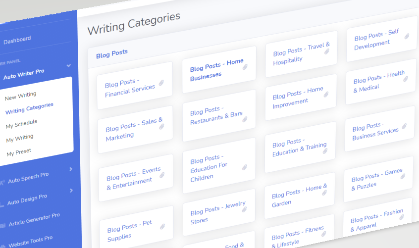 Autowriterpro writing categories