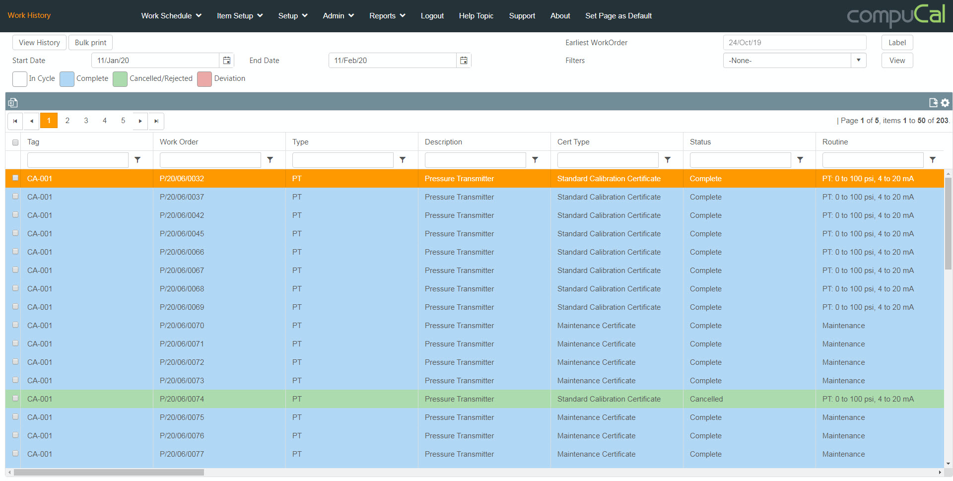 The work history screen in CompuCal displays all of the items in a work cycle.