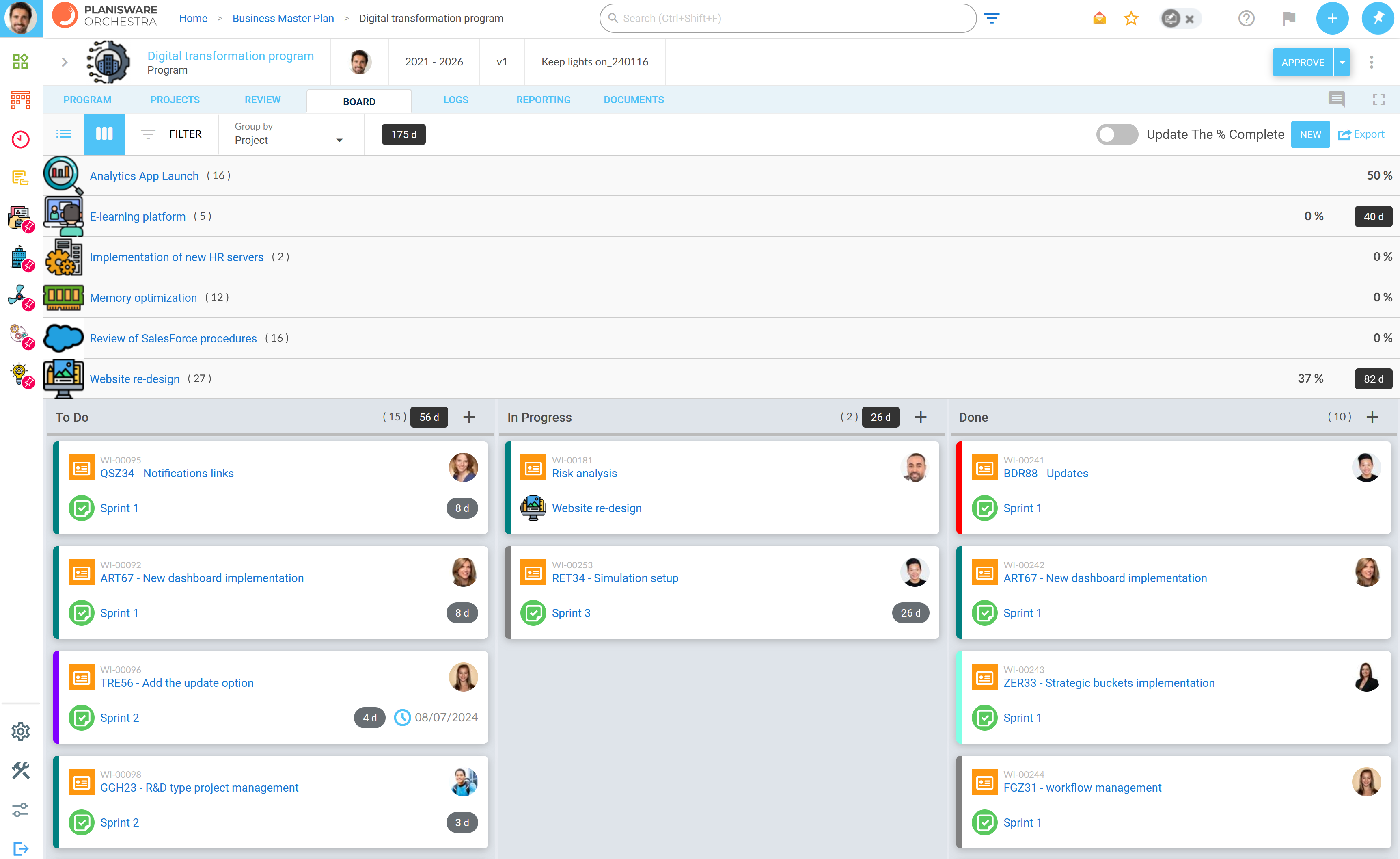 Planisware Orchestra Software - Project portfolio task board