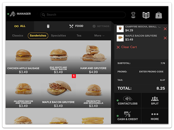 Appetize screenshot: Appetize's menu-driven interface includes the ability to change icon size, drag-and-drop capabilities so popular items are always listed first, and the ability to check out guests in a few clicks.
