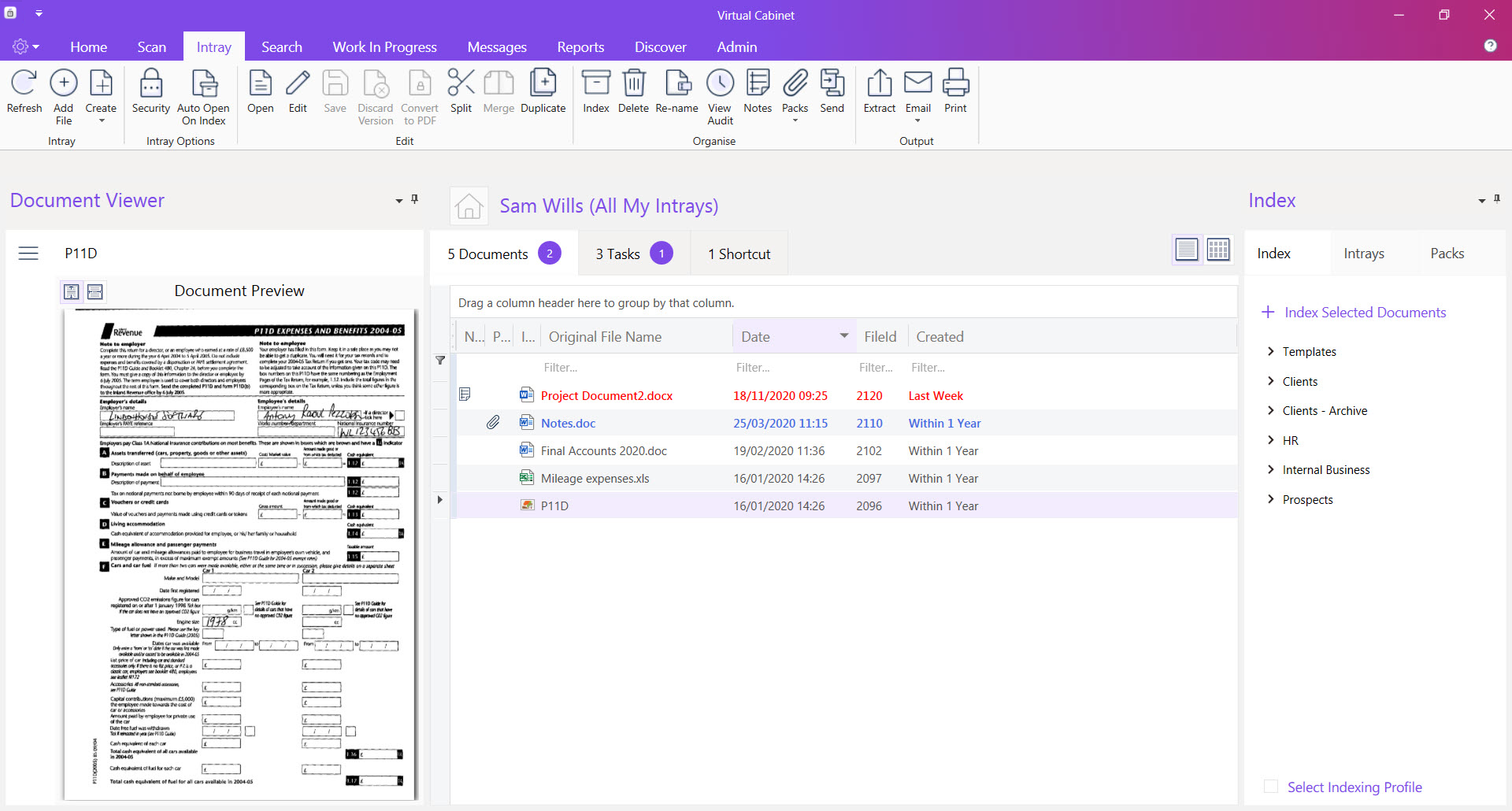 Virtual Cabinet Software - Intray and Document Viewing Panel