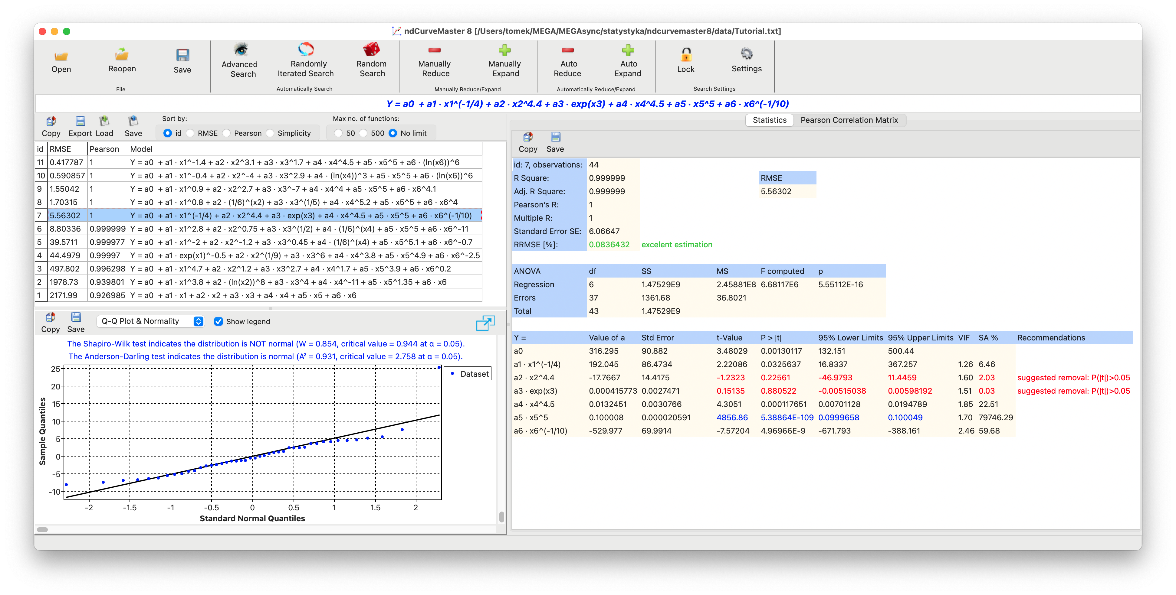ndCurveMaster screenshot: ndCurveMaster regression results